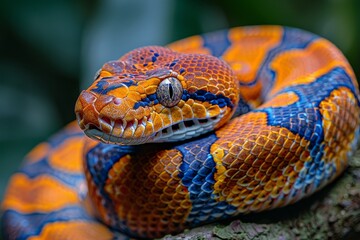 Red-tailed Boa Constrictor: Wrapped around a tree branch with vibrant colors and smooth texture. - obrazy, fototapety, plakaty