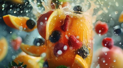 Dynamic motion blur as fruits are pulverized into delicious smoothies, enticing the senses