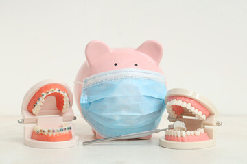 Piggy bank in mask with models of jaw on white background - obrazy, fototapety, plakaty