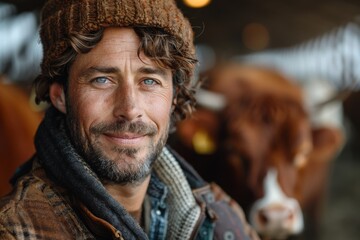 Obraz premium A rugged male farmer with an engaging smile standing before his herd of cows in a barn