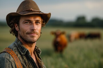 Fototapeta premium Serious looking cowboy with a contemplative expression, standing in a field with cows at golden hour