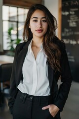 Fototapeta premium A young professional woman stands confidently in an office setting