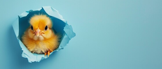 Chick peeking through paper hole soft blue background