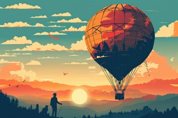 A man standing on a hill next to a hot air balloon. Suitable for travel and adventure concepts