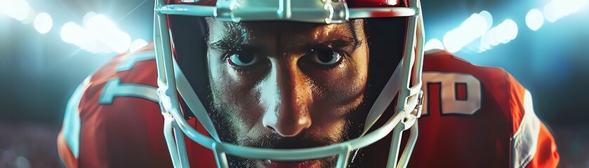 Football player during a tactical discussion, focus on the helmet in hand and focused expression, bright colors, clean background, Realistic HD characters