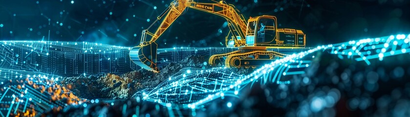 Futuristic excavator on data landscape neon grid