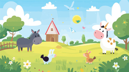 Obraz na płótnie Canvas Farm animals with landscape - cute cartoon vector illustration
