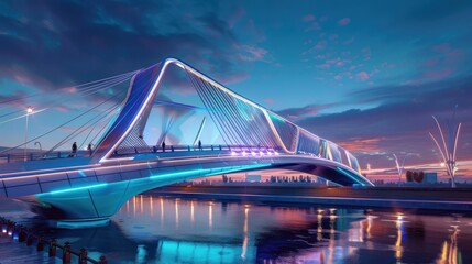 A high-tech bridge with innovative engineering, dynamic lighting, and a futuristic design