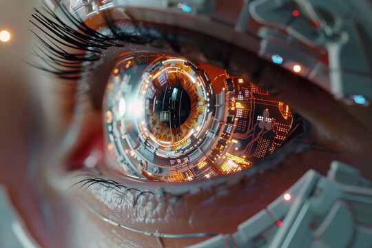 Zoomed-in image of a robotic eye with advanced sensors, mimicking human-like features