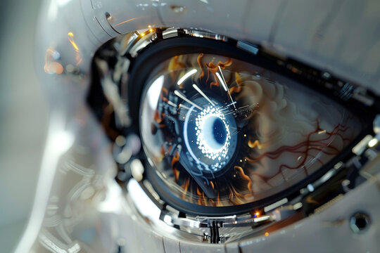 Zoomed-in image of a robotic eye with advanced sensors, mimicking human-like features