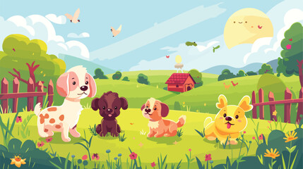 Farm animals with landscape - cute cartoon vector illustration