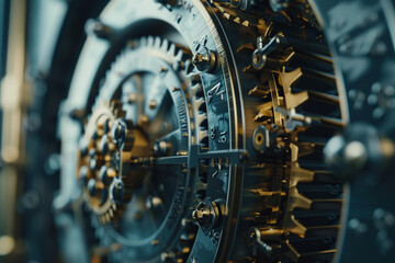Zoomed-in image of a secure bank vault door, intricate locking mechanism visible