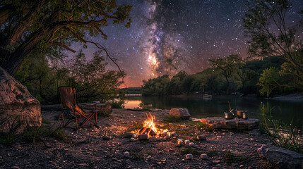 A campfire crackles under a star-filled night sky, casting a warm glow as darkness envelops the surrounding landscape