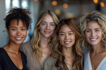 Obraz premium Four diverse women smiling and connecting in a casual setting, demonstrating friendship, diversity, and beauty