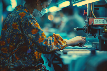 Zoomed-in image of a textile worker sewing garments for an international fashion brand, labels in various languages 