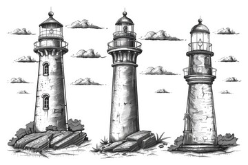 Illustration of lighthouses on rocky coast, suitable for maritime themes