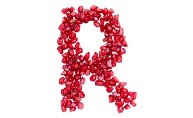 R English Alphabet Capital Letter Written with Pomegranate Seeds Isolated on White Background, Kindergarten Children Education Concepts