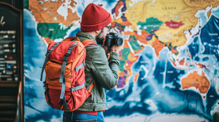 A man wearing a red hat and a green jacket is taking a picture of a map. He is holding a camera and has a backpack on