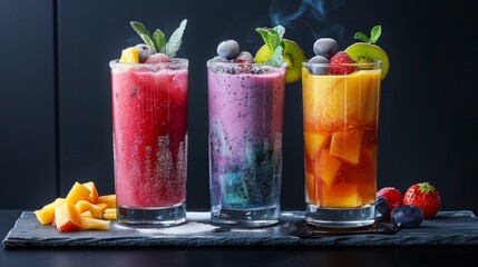 Glasses brimming with colorful fruit smoothies, evoking a sense of joy and vitality
