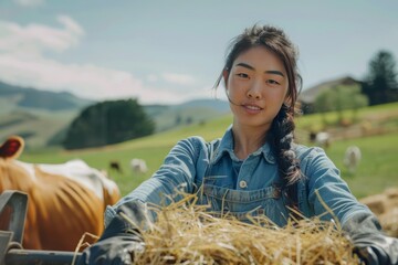 Asian woman in her late 20s working on a sunny dairy farm generative ai