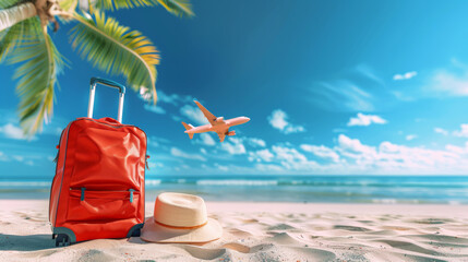 A red suitcase is on the beach next to a straw hat. A small airplane is flying in the sky above the beach