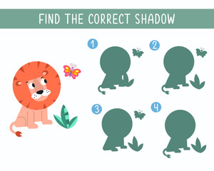 Find the right shadow. Puzzle Game for children. Cute animal on white background. Transport and animals. Vector illustration.