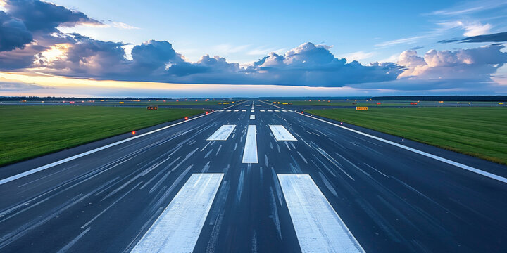 A long runway with a few planes in the background. The sky is cloudy and the sun is setting