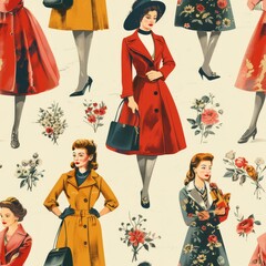 A seamless pattern of vintage fashion illustrations and iconic style icons, showcasing the elegance and timeless beauty of vintage fashion