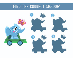Obraz premium Find the right shadow. Puzzle Game for children. Cute animal on white background. Transport and animals. Vector illustration.