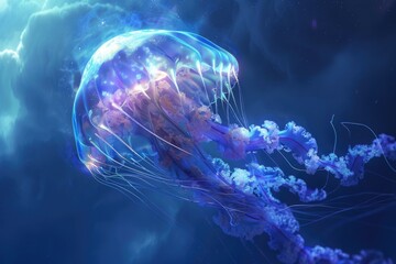 A jellyfish floating in the water with clouds in the background. Suitable for marine life concepts