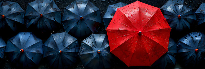 red and black background,
A red umbrella is the only one in a group of bla