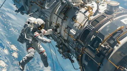 astronauts performing a spacewalk outside a nuclear-powered spacecraft, repairing vital components while tethered to the vessel.