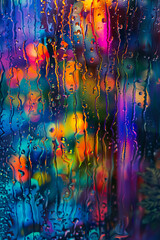 A colorful city scene with rain drops on the window.
