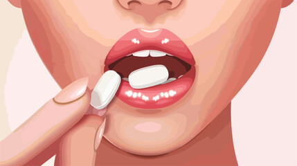 Female mouth taking medicine pill on isolated white