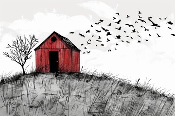 A picturesque red barn with a flock of birds flying around it. Suitable for rural and farm-related concepts - Powered by Adobe