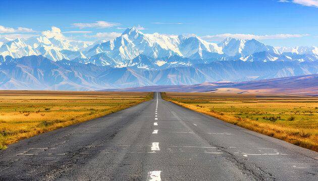 asphalt road on the prairie goes beyond the horizon to the high mountains