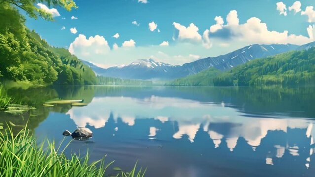 video Beautiful lake view with clear sky and green mountains