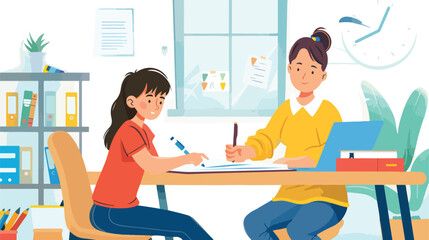 Fototapeta na wymiar Female teacher and boy studying. Concept illustration
