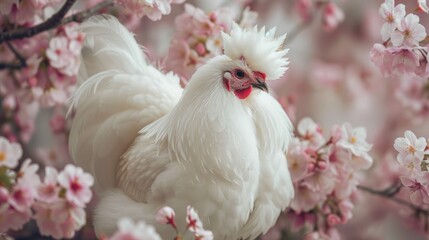   resembling a soft cloud, standing gracefully against a backdrop of blooming cherry blossoms.  