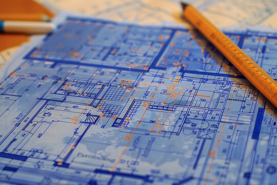 Zoomed-in image of architectural blueprints for a residential project, global economic indicators on the side 
