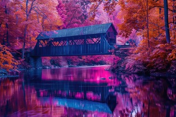 A scenic covered bridge over a tranquil river. Suitable for nature and travel concepts