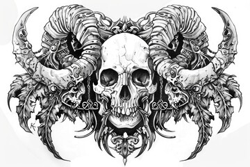 A drawing of a skull with horns and skulls. Can be used for Halloween or dark-themed designs