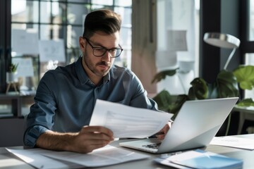 Obraz premium A busy young professional businessman checks documents on his laptop in his office. Serious business accounting experts in the workplace read legal documents overview of company documents.