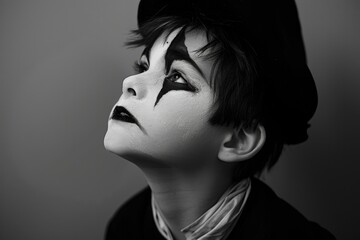 A young boy wearing black and white makeup and a top hat, perfect for theatrical or Halloween-themed designs