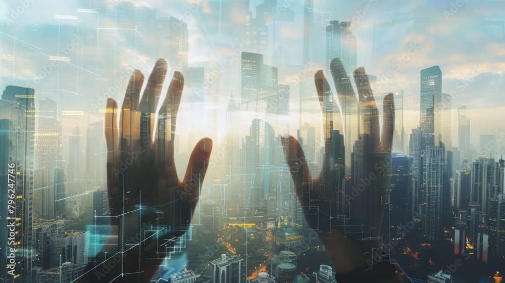 Poster hands gesturing towards a futuristic cityscape filled with innovative skyscraper designs