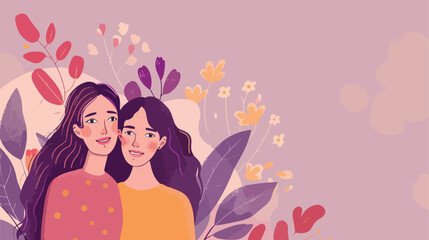 Portrait of young woman and her mother on lilac background