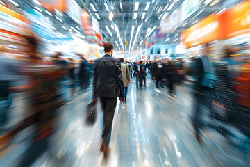 Obraz premium Dynamic Blur of Crowds Walking in Modern Exhibition Hall
