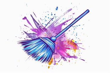 A blue broom with colorful paint splatters. Suitable for home improvement projects