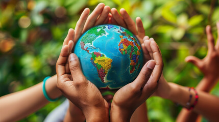 Multiple hands of diverse skin tones holding a small globe together, symbolizing unity and global cooperation in front of greenery, World Population Day