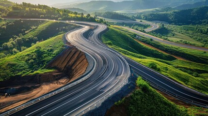  view captures the breathtaking scale of a highway construction project, stretching as far as the eye can see. 